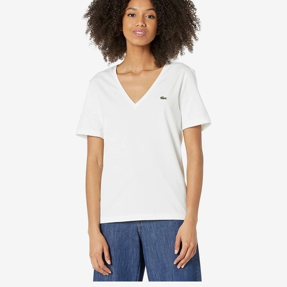 LACOSTE   100% Pima Cotton V-Neck Striped Tee - Picture 1 of 6
